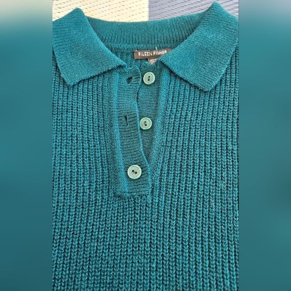 Eileen Fisher 100% Wool Knitted Sweater. Deep Green Size MEDIUM. Collared/button - Picture 5 of 13